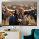 Majestic bull head close-up, long curved horns, detailed fur by MyGreatCanvas | Canvas Wall Art Prints | Photo Prints & Wall Decor