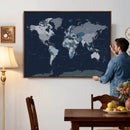 Blue Detailed World Map Wall Art Canvas Print, Modern Framed