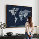 Blue Detailed World Map Wall Art Canvas Print, Modern Framed