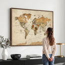 Vintage World Map Canvas Print – Framed Rustic Detailed Map