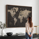 Custom World Map with Pins Canvas Wall Art Dark Charcoal