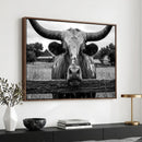 Black White Texas Longhorn Bull Canvas Wall Art, Western Ranch Cattle Photography Print, Rustic Farmhouse Cowboy Decor Artwork