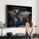 Framed Custom World Map Canvas Print - Deep Blue World Map