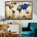 World Map Canvas Print – Vintage Blue and Gold World Map