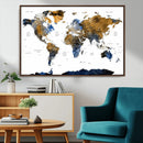 Modern Abstract World Map Canvas Wall Art – Framed Blue and