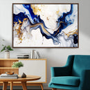 Golden Cascades on Midnight Blue – Deep Blue Abstract Wall