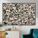 Abstract Love and Chaos Canvas Print, Black Symbols on Beige
