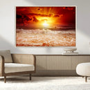 Red Sunset Ocean Beach Canvas Wall Art Beach Canvas, Coastal