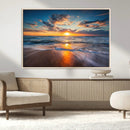 Sunset on the Ocean Beach with Waves, Reflections on Sand,