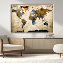 World Map Wall Art – Antique Style Blue and Brown Map Canvas