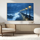 Stormy Ocean Pier Lights Canvas Wall Art Print - Large Moody