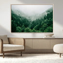 Misty Green Forest Canvas Print – Framed Serene Foggy Pine