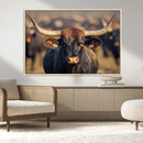 Majestic bull head close-up, long curved horns, detailed fur by MyGreatCanvas | Canvas Wall Art Prints | Photo Prints & Wall Decor
