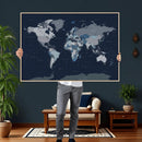 Blue Detailed World Map Wall Art Canvas Print, Modern Framed