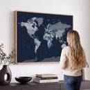 Blue Detailed World Map Wall Art Canvas Print, Modern Framed