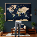 Minimalist World Map Canvas Wall Art - Watercolor Blue and