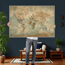 World Map Wall Art Canvas Print, Rustic Map Print, Framed