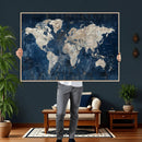 Large Blue World Map Wall Art Canvas Print for Home Office