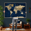 Navy Blue World Map Canvas Print – Detailed Map Minimal Navy