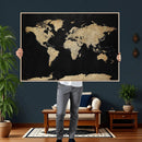 Beige World Map Canvas Wall Art Print, Minimal Black and