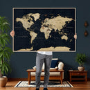 Dark World Map Canvas Wall Art Print, Minimal Black and Gold