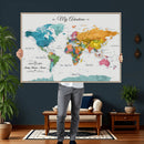 Custom Push Pin Watercolor World Map Canvas Wall Art Print –