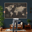 Custom World Map with Pins Canvas Wall Art Dark Charcoal