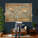 Vintage Personalized Push Pin World Map, Vintage Travel Map Canvas, Custom Names Anniversary Gift, Places Visited Pin Board, Couples Adventure Art