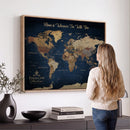 Framed Custom World Map Canvas Print - Deep Blue World Map