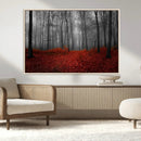 Red Forest Floor Canvas Wall Art – Mystical Foggy Woodland
