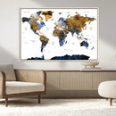 Modern Abstract World Map Canvas Wall Art – Framed Blue and