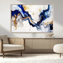 Golden Cascades on Midnight Blue – Deep Blue Abstract Wall