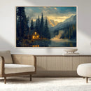 Mountain Cabin by the Lake at Sunset Wall Art - Serene