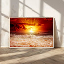 Red Sunset Ocean Beach Canvas Wall Art Beach Canvas, Coastal
