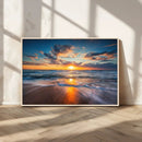 Sunset on the Ocean Beach with Waves, Reflections on Sand,