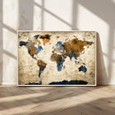 World Map Wall Art – Antique Style Blue and Brown Map Canvas