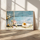 Seashells on Rustic Wooden Background, Seashells Wall Art