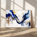 Golden Cascades on Midnight Blue – Deep Blue Abstract Wall