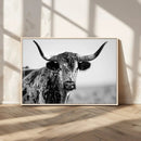 Texas Cow Longhorn Wall Art Canvas Print in Black and White