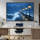 Stormy Ocean Pier Lights Canvas Wall Art Print - Large Moody