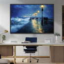 Storm Ocean Pier Canvas Wall Art Print - Large Moody Night