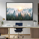 Misty Pine Forest Wall Art Canvas, Sunrise Over Foggy Trees