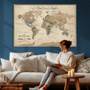 Custom Framed Push Pin Map Wall Art Canvas Print, Rustic
