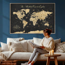 Custom Push Pin World Map Wall Art Canvas Print – Personalized Travel Tracker with Pins Framed Large for Home and Office Decor