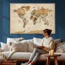Rustic Vintage World Map Canvas Print – Framed Modern