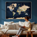 Minimalist World Map Canvas Wall Art - Watercolor Blue and