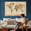 Vintage World Map Canvas Print – Framed Rustic Detailed Map