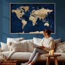 Navy Blue World Map Canvas Print – Detailed Map Minimal Navy