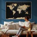 Beige World Map Canvas Wall Art Print, Minimal Black and