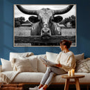Black White Texas Longhorn Bull Canvas Wall Art, Western Ranch Cattle Photography Print, Rustic Farmhouse Cowboy Decor Artwork